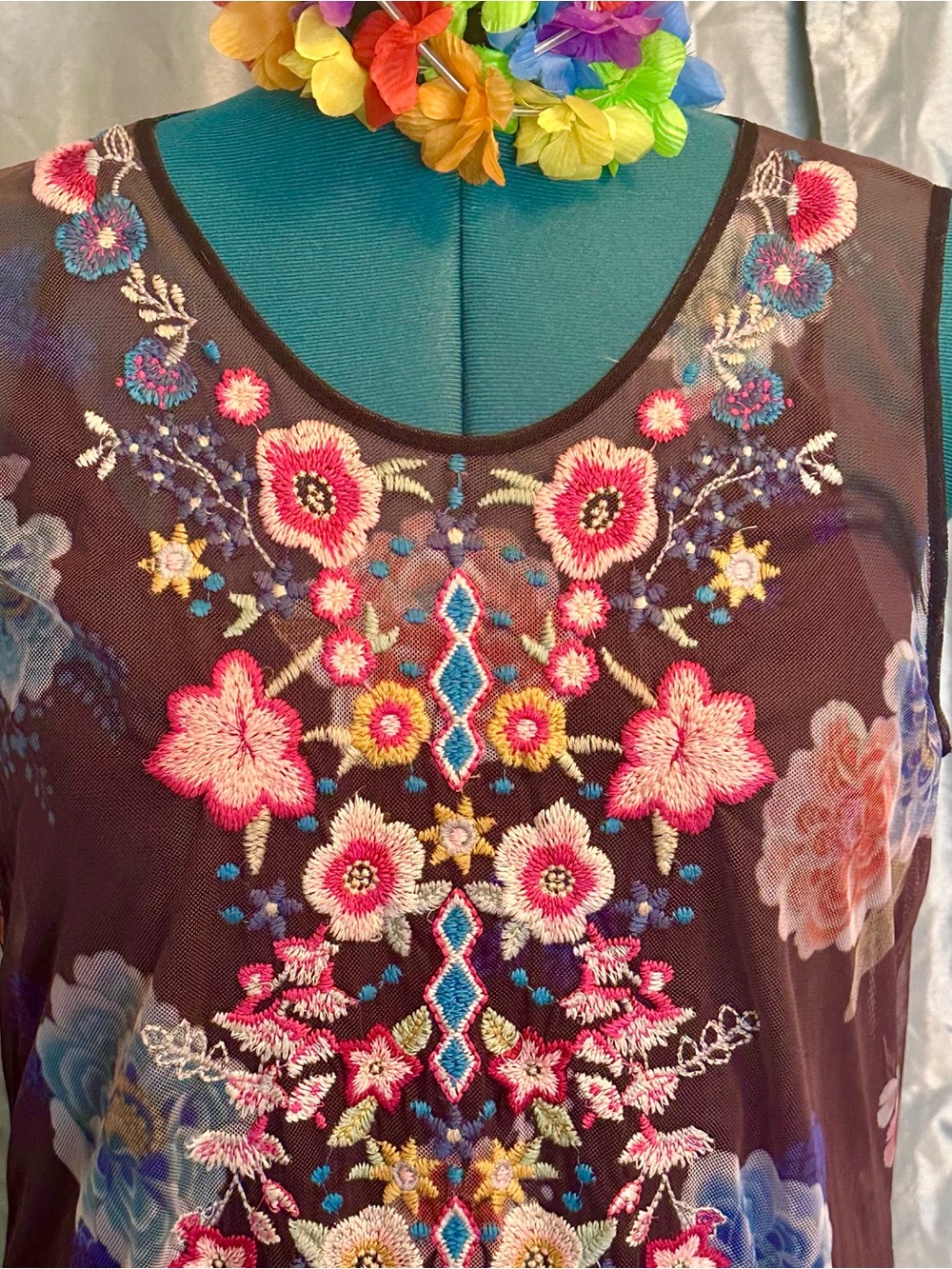 Johnny Was Brown Mesh Tank Dress with Pink Floral Embroidery XL